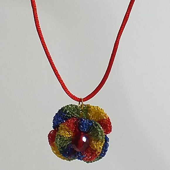 🌹 Handmade Multicolor Crochet Rose Necklace & Red Czech Crystal Earrings Set 🌟 - Picture 2 of 13